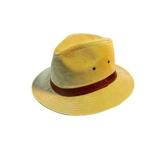 London Fog Vintage Safari Fedora Hat Tan Canvas Mens Large 7 1/4 Leather USA